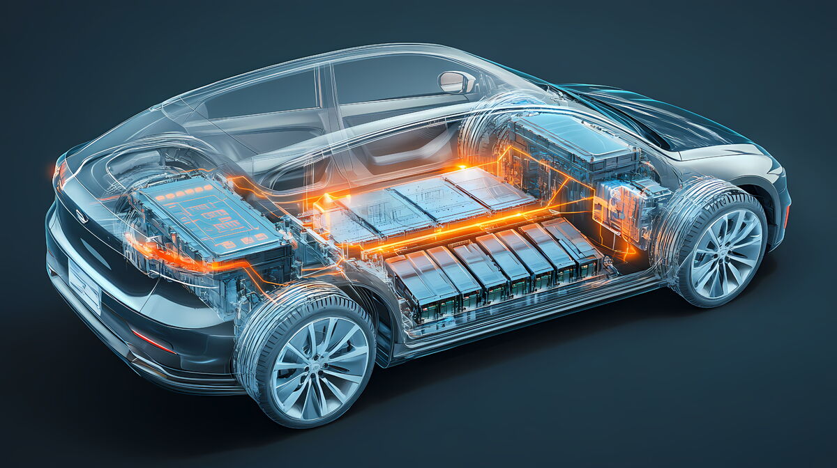 Cutaway view of an electric vehicle showing the high-voltage battery pack under the floor